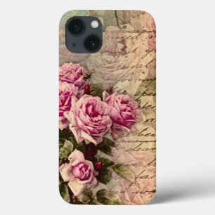 French country chic,shabby chic, pink roses, flora iPhone 13 case