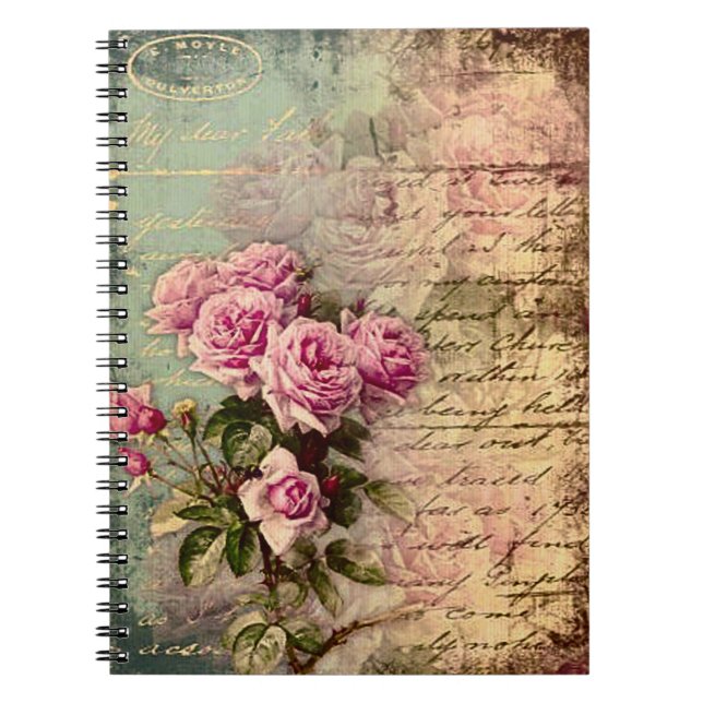 French country chic,shabby chic, pink roses, flora notebook (Front)