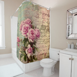 French country chic,shabby chic, pink roses, flora shower curtain