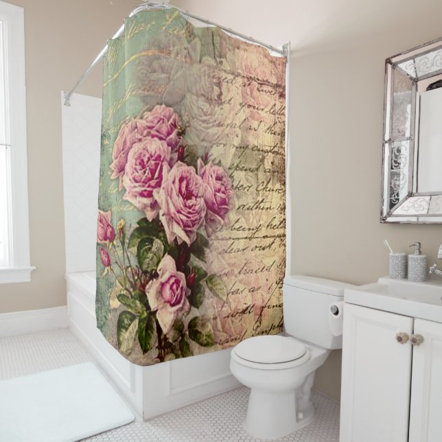 French country chic,shabby chic, pink roses, flora shower curtain (In Situ)