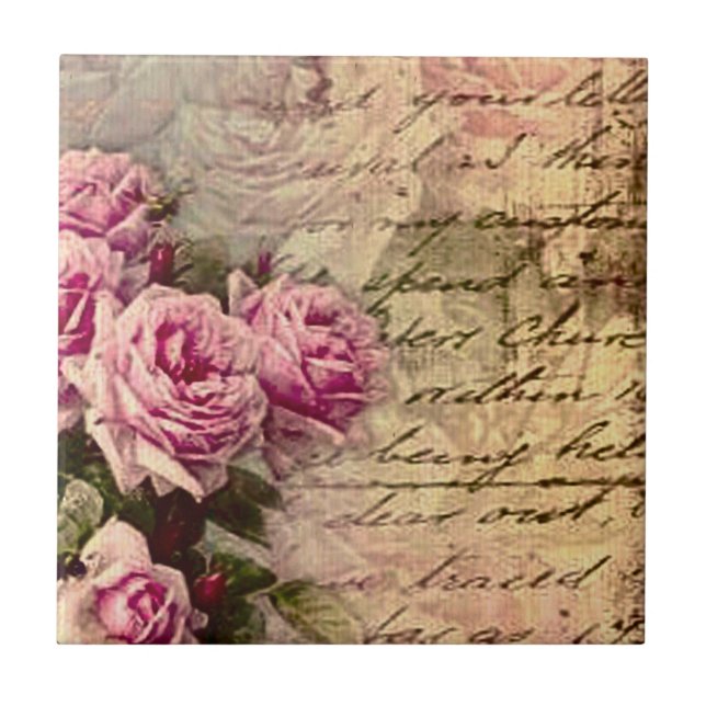 French country chic,shabby chic, pink roses, flora tile (Front)