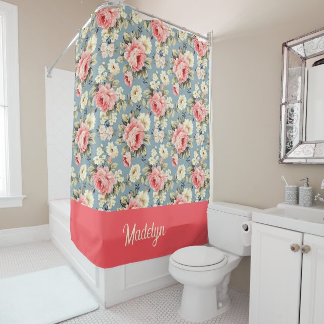 French Country Cottage Floral Monogrammed Shower Curtain (In Situ)