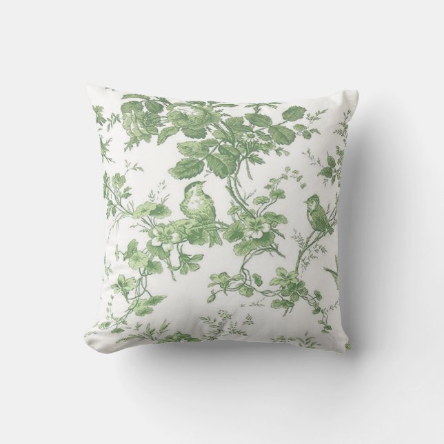 French Country Cottage Vintage Green Toile Accent Cushion (Front)