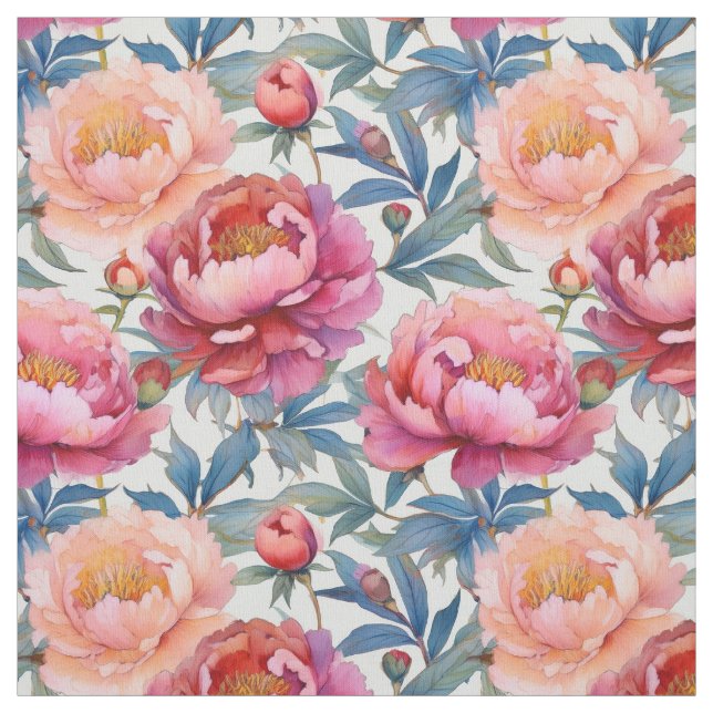 French Country Decor Pink and Peach Peony Flowers Fabric (Swatch)