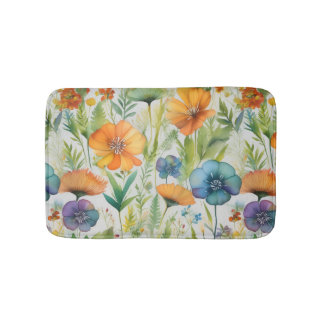 French Country Decor Watercolor Wildflowers Bath Mat