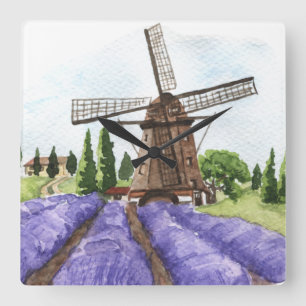 French Country Decor Windmill & Lavender Fields Square Wall Clock