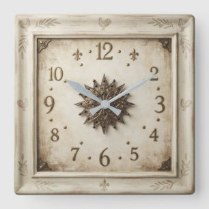 French Country Distressed Cream Starburst Medallio Square Wall Clock