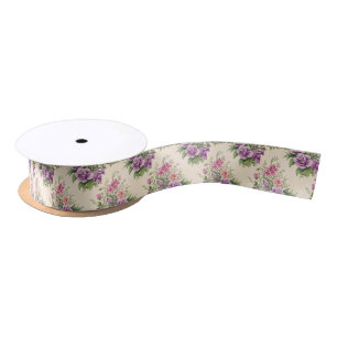 French Country Garden Lavender & Rose Blooms Satin Ribbon