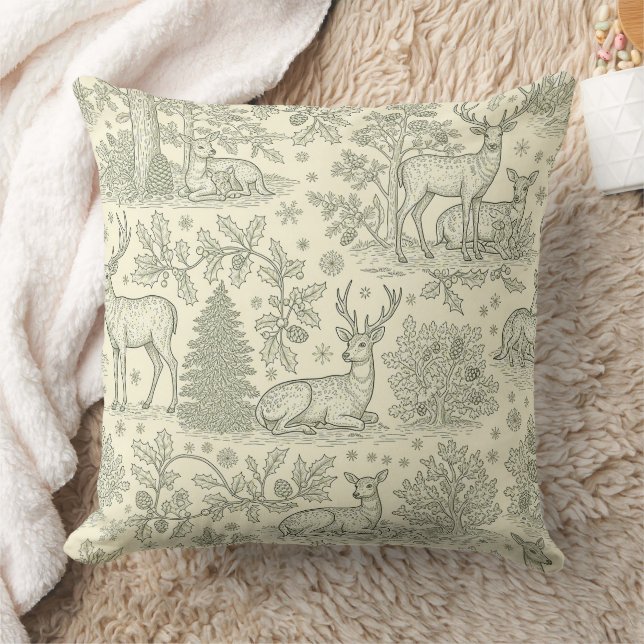 French Country Green Toile Deer Pattern Cushion (Blanket)