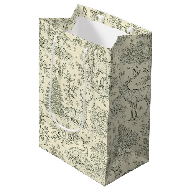 French Country Green Toile Deer Pattern Medium Gift Bag (Front Angled)