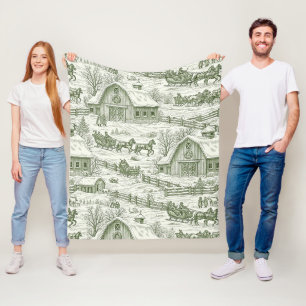 French Country Green Winter Toile Landscape Fleece Blanket