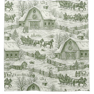 French Country Green Winter Toile Landscape Shower Curtain