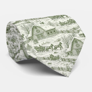 French Country Green Winter Toile Landscape Tie