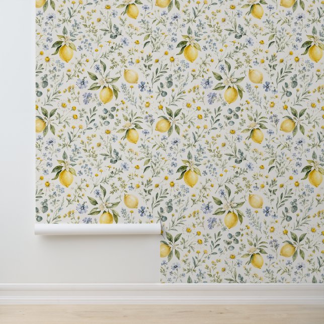 French Country Lemon and Wildflowers Pattern Wallpaper (Application)