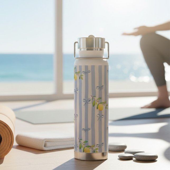 French Country Lemon  – Blue Stripe Bow Pattern Water Bottle (Creator Uploaded)