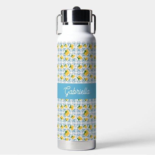 French Country Lemon Blue Tile Monogram Water Bottle (Front)