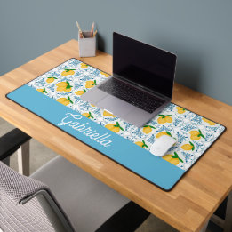 French Country Lemon Blue Tile Pattern Desk Mat