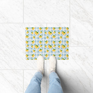 French Country Lemon Blue Tile Pattern Doormat