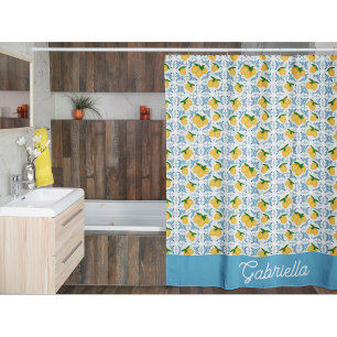 French Country Lemon Blue Tile Pattern Shower Curtain