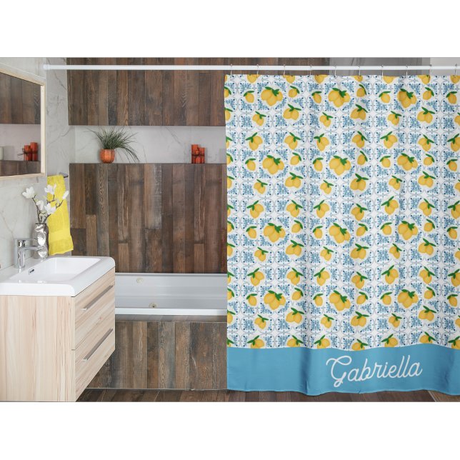 French Country Lemon Blue Tile Pattern Shower Curtain (Creator Uploaded)
