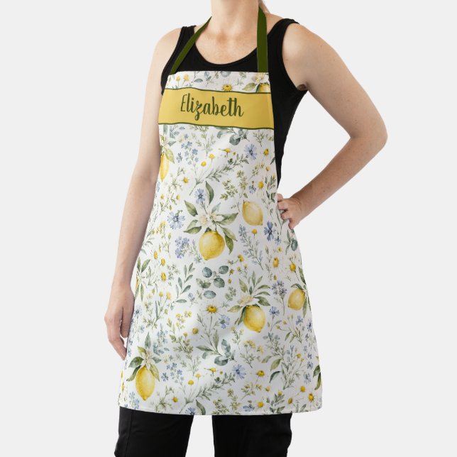 French Country Lemon Wildflower Custom Name Apron (Insitu)