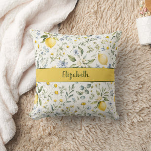 French Country Lemon Wildflower Custom Name Cushion