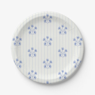 French Country Light Blue Flower Stripes Paper Plate