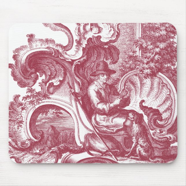 French Country Man and Dog Beautiful Red Toile Mouse Pad (Front)