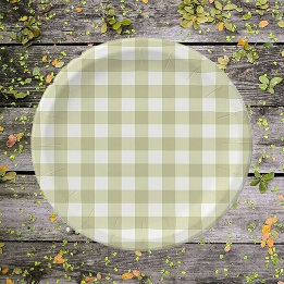 French Country Meadow Gingham - sage green plaid. Paper Plate