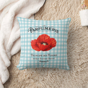 French Country Perfume Red Poppy Teal Chequered Cushion