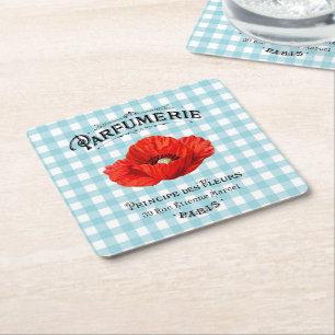 French Country Perfume Red Poppy Teal Chequered Square Paper Coaster