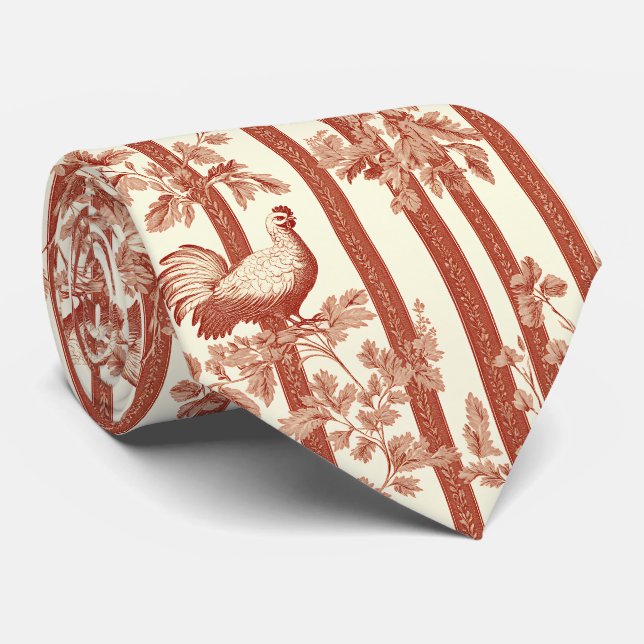 French Country Red Hen Floral Toile Pattern Tie (Rolled)