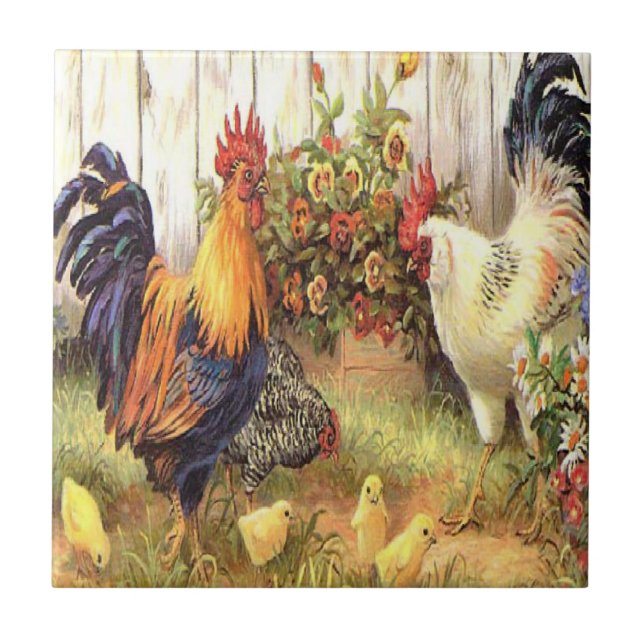 French Country Rooster Hen Ceramic Tile (Front)
