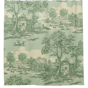 French Country Sage Toile Farm Scene Shower Curtain
