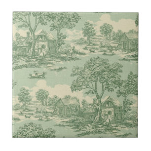 French Country Sage Toile Farm Scene Tile