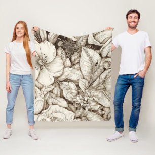 French Country Sepia Floral Botanical Cream Fleece Blanket