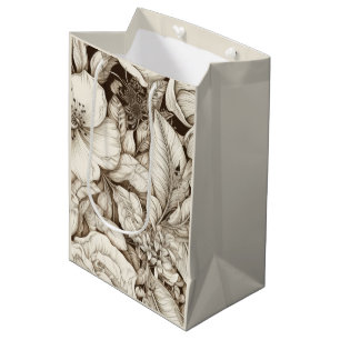 French Country Sepia Floral Botanical Cream Medium Gift Bag