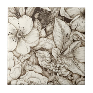 French Country Sepia Floral Botanical Cream Tile