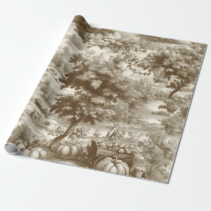 French Country Sepia Pumpkin Toile Pattern Wrapping Paper