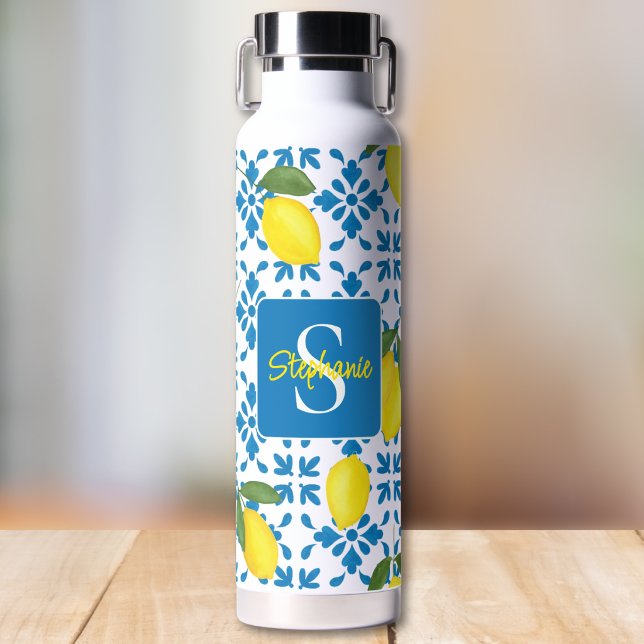 French Country Tile Lemon Pattern Monogram Name Water Bottle (Creator Uploaded)