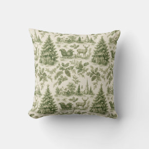 French Country Toile de Jouy Green Christmas  Cushion