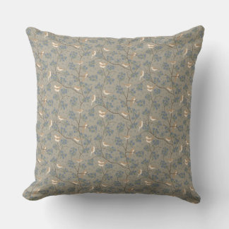 French Country Vintage Birds and Flowers Blue Cushion