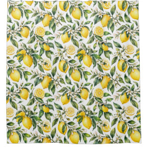 French Country Watercolor Lemon Botanical Pattern Shower Curtain