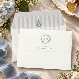 French Country Wedding Monogram Crest Stripe Envelope