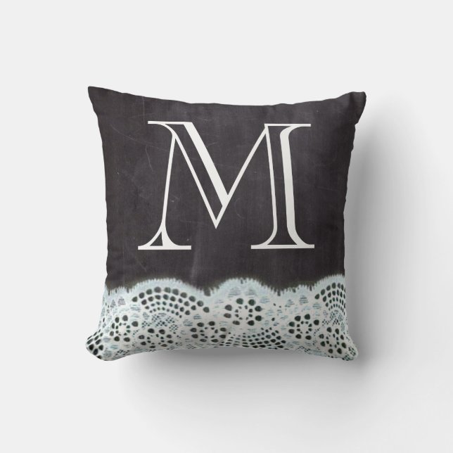 French country white lace chalkboard monogram cushion (Front)