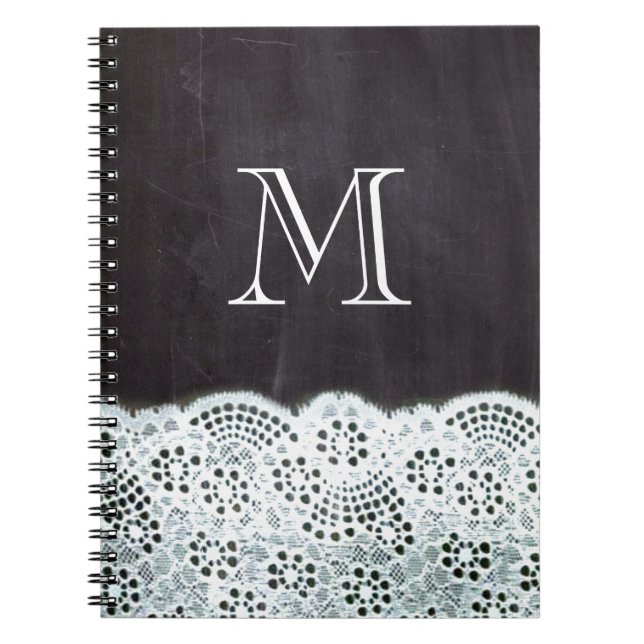 French country white lace chalkboard monogram spiral notebook (Front)