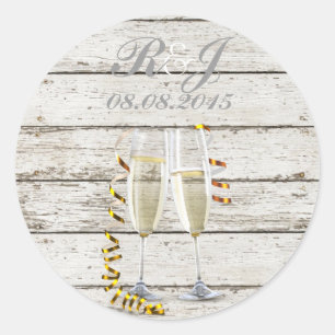 french country whitewashed wood champagne flutes classic round sticker