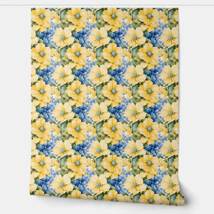 French Country Yellow and Blue Flowers Wallpaper