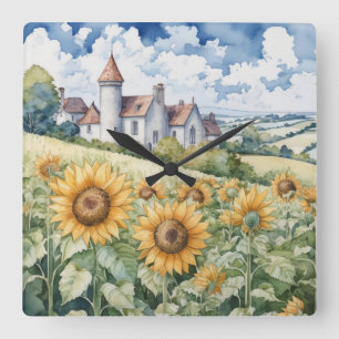 French Countryside With Sunflowers Square Wall Clock