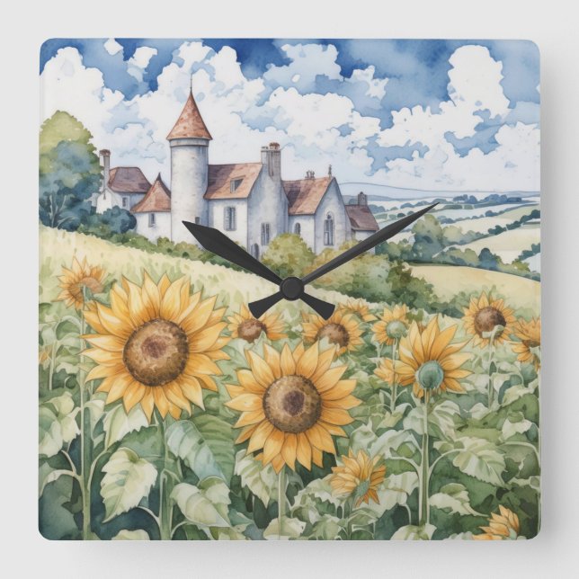 French Countryside With Sunflowers Square Wall Clock (Front)